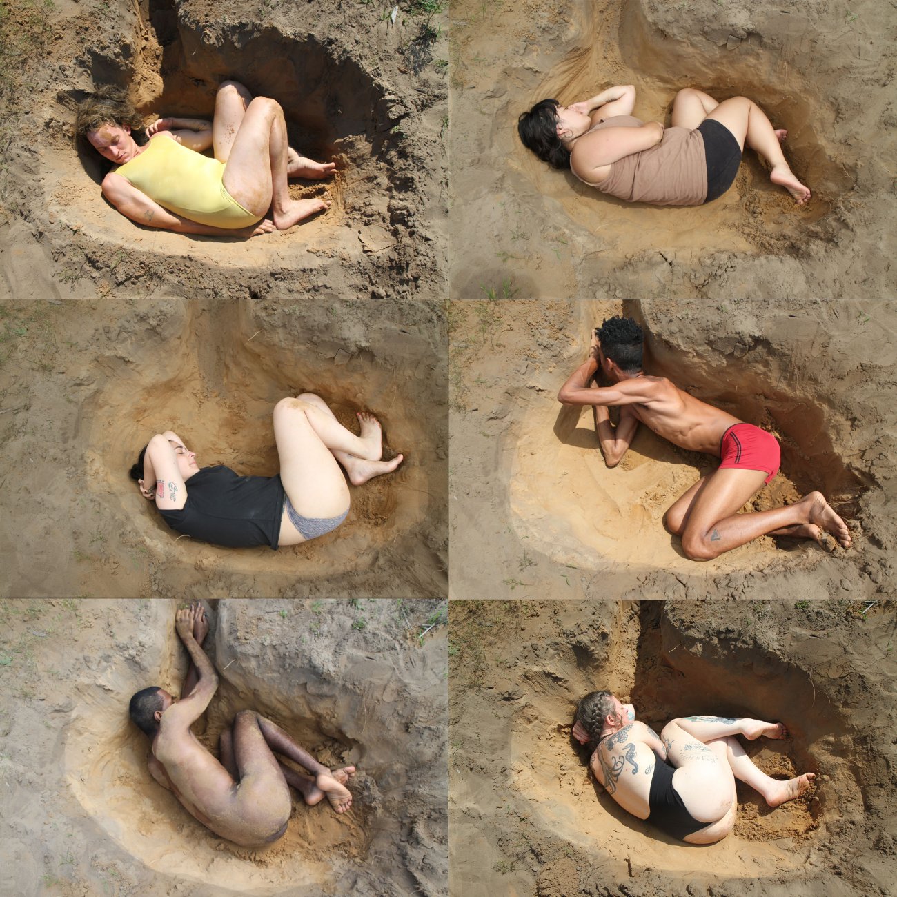 Image shows 6 different images all showing 6 figures each curled inside a dug out hole in the dirt.