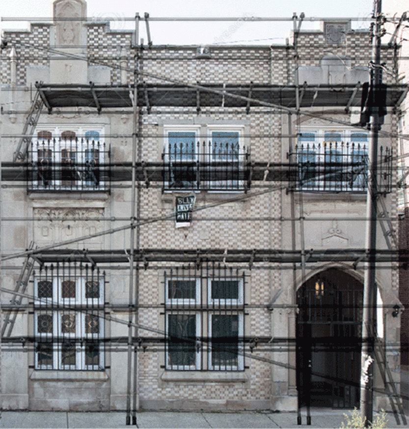 Gif of the exterior of ACRE Projects with a mock up of the proposed scaffolding in front of the building.