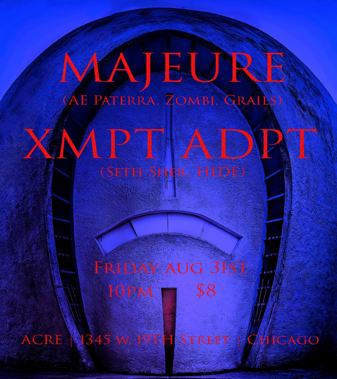 flyer featuring an ambiguous architectural element and text advertising the show.