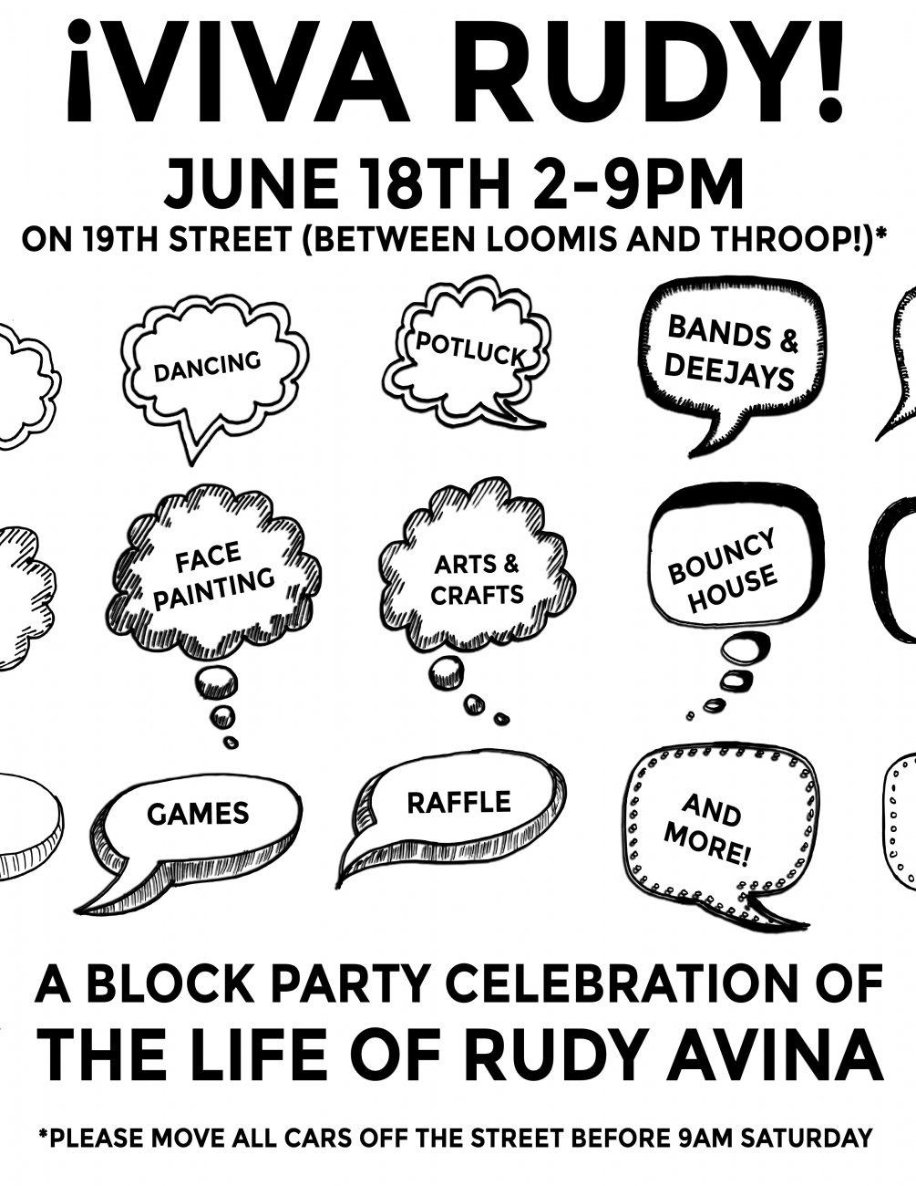 Black and white illustrated flyer for the block party