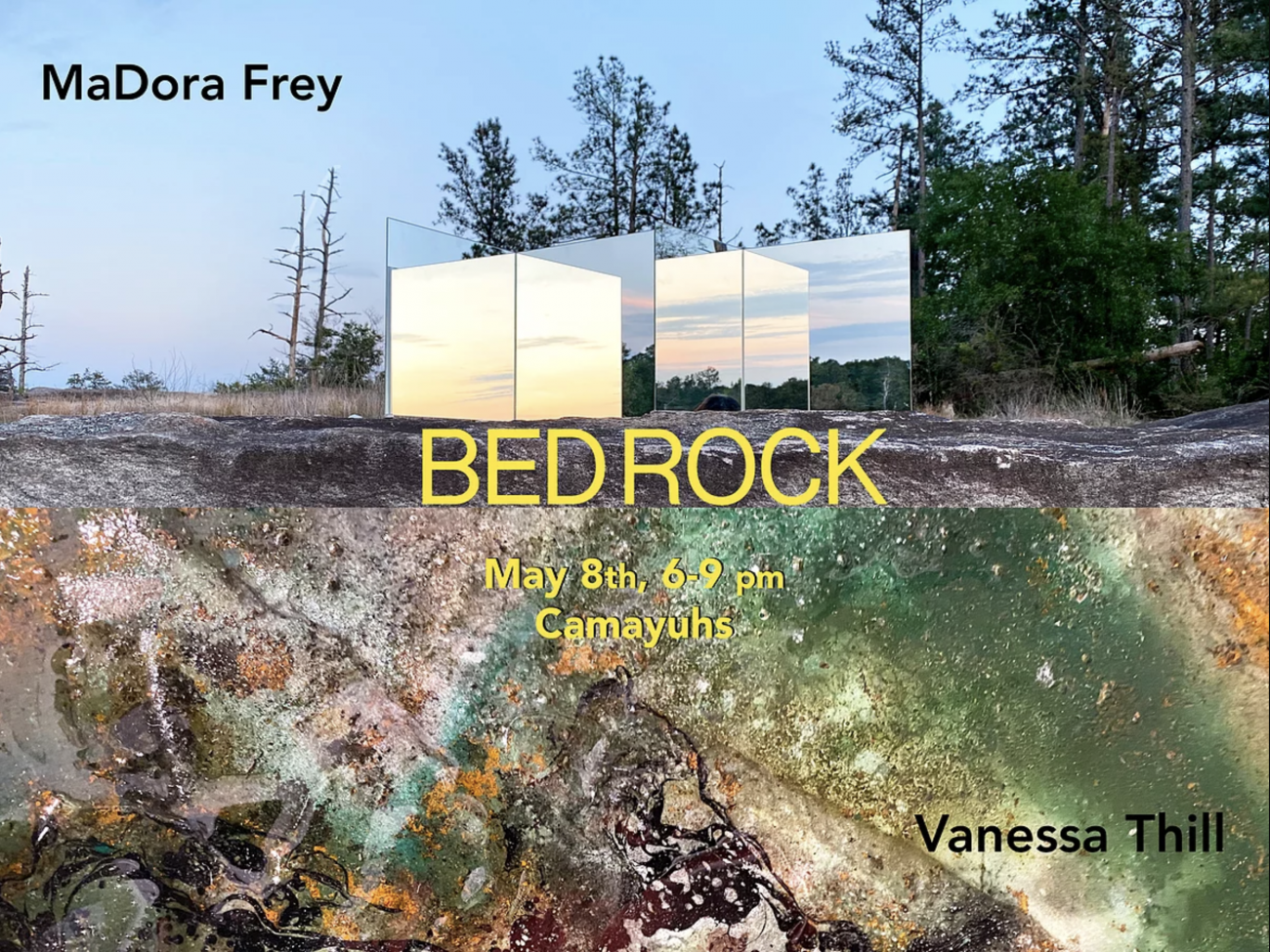 Mirrors reflecting the sunset collaged on top of an image of a colorful cross section of bed rock. The words Bed Rock in yellow in the center and the artist's names Vanessa Thill and MaDora Frey are in the bottom right and top left respectively.