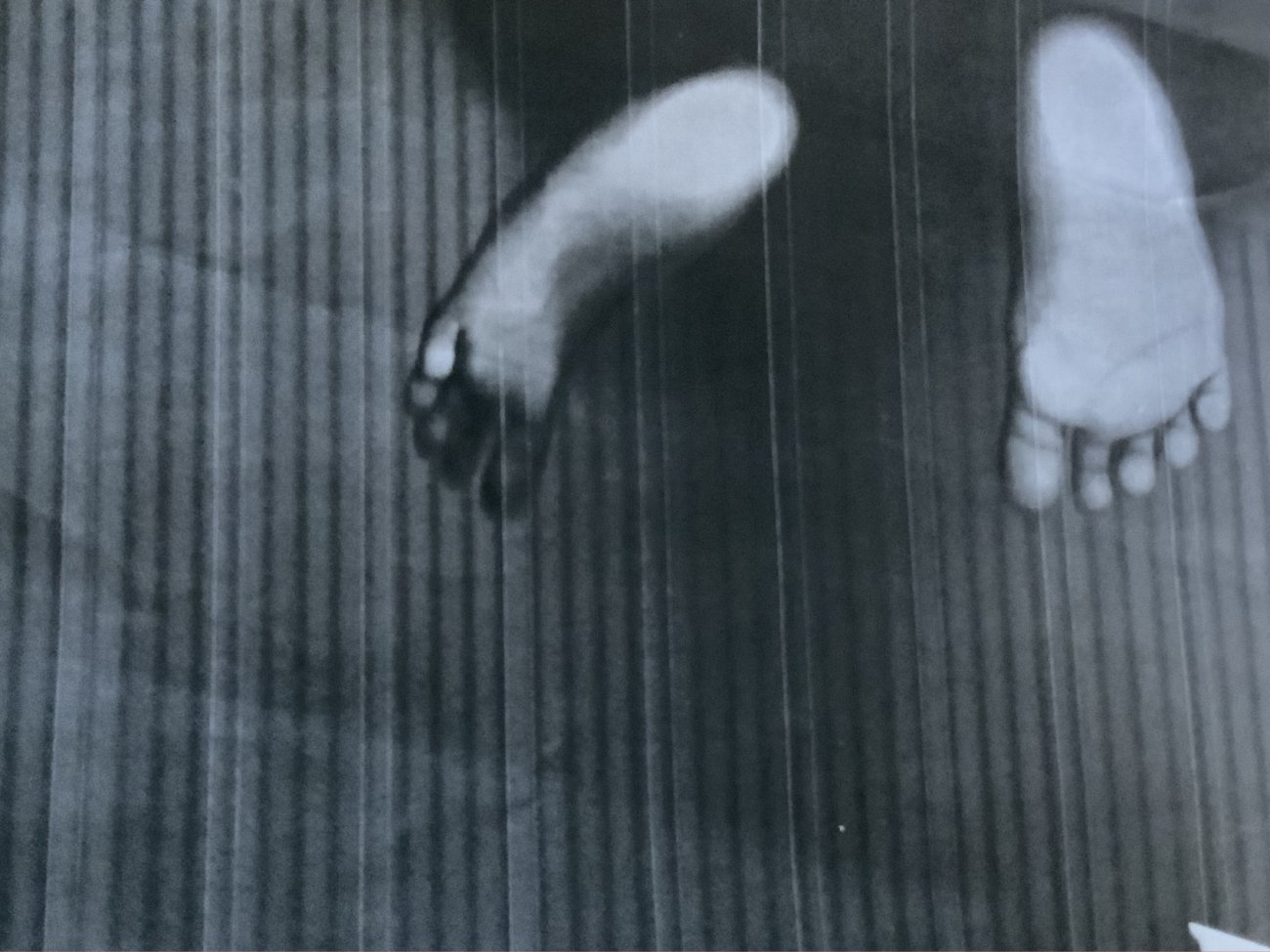 Grayscale photocopy of vertical stripes with two feet in the top right corner.