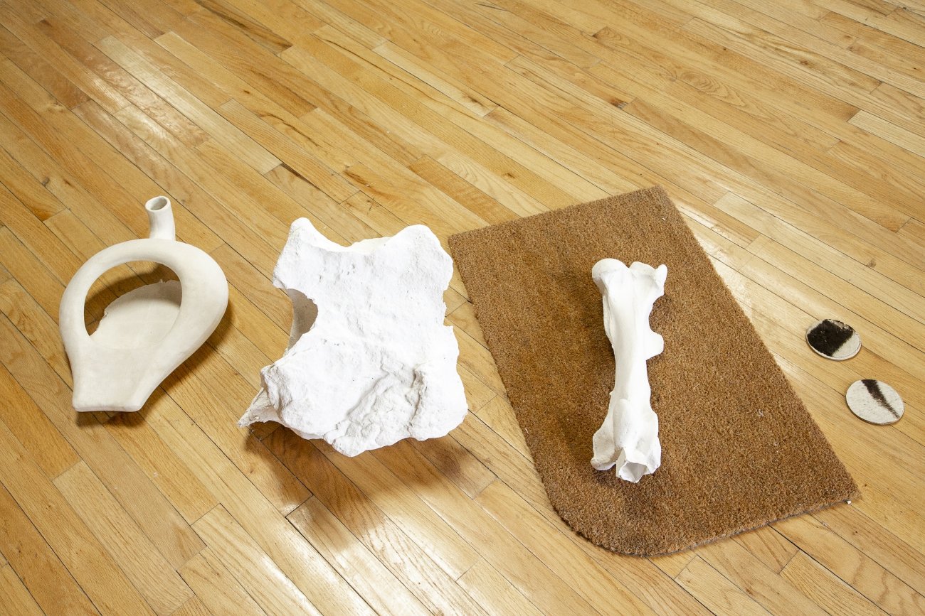 View from above of several items lined up on the floor. From left to right: a smooth plaster cast mimicking a vocal component; a rough, amorphous plaster cast form; a non-uniform tube-like plaster cast resting on a small rectangle carpet; two small discs with a two-tone pattern