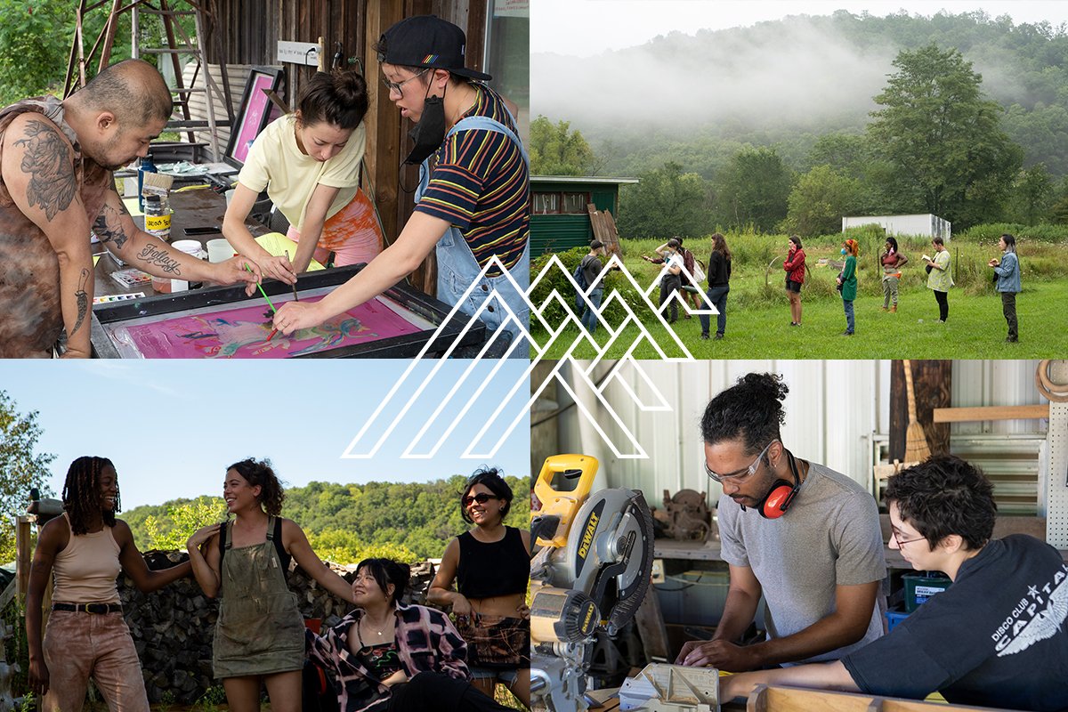 four images in a grid: on the top left 3 people hover over a screen with paintbrushes sharing in the creation of a art work; on the top right a group seen at a distance stand on a green lawn with green hills in the background learning about plants on a foraging walk; on the bottom left 4 people stand together-one is sitting-they are smiling at each other; on the bottom right a person helps guide another person on the chop saw in a woodshop, they are focused and they hards are meeting at the measuring tool. 