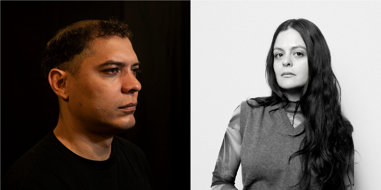 Left: Closeup portrait Carlos Salazar-Lermont from the shoulders up. He is wearing a black shirt and the image has a black background. He is posed, unsmiling, facing the right. His hair is cut like a monk's tonsure. Right: Black and white photo of Inés Arango-Guingue. She is looking directly at the camera, unsmiling. Her hair is long, past her chest. She's wearing a sweater vest over a mesh abstract-patterned long sleeve top.