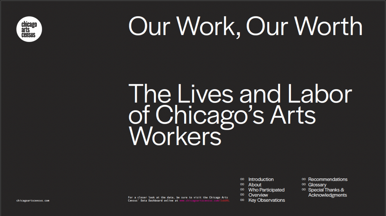 The cover of the Chicago Arts Census written report. A black background with the title: Our Work Our Worth, the lives and labor of chicago's arts workers