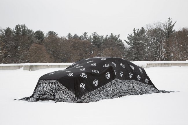 Photograph of car covered in a snowy field in large sheet printed with a bandana pattern.