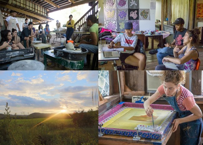 Image composite of 4 images artists working in the ceramics area, holding a studio visit, a landscape with sunset, and working in the screen print studio.