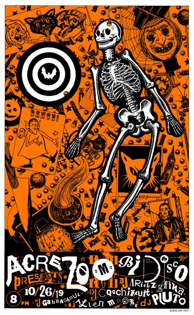skeleton over a collaged halloween background with descriptive text of time and djs at the bottom of the poster