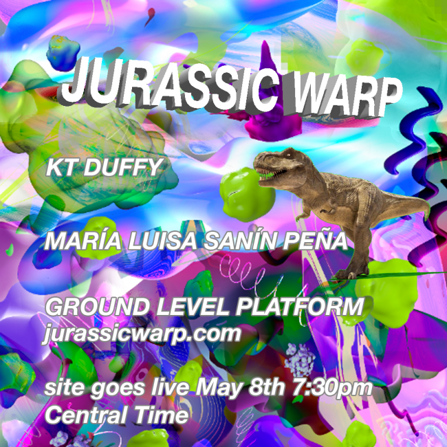 Digital flyer for website with colorfol 3D renderings and T-Rex, text with information about the site.