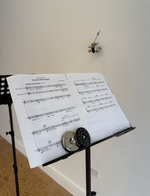 Music stand with sheet music reading "Duo for Pitch Pipes" as the header.