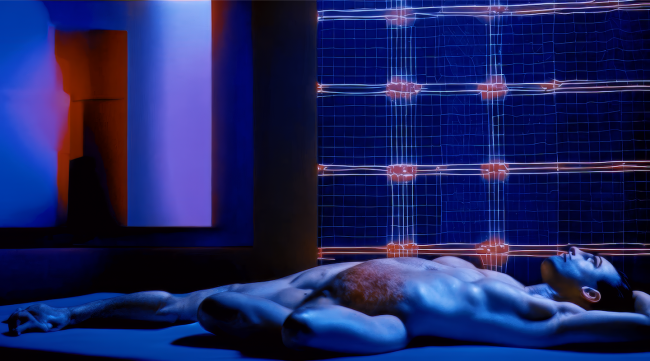A male-presenting figure with abstracted limbs lies supine on the ground. He is tinged in blue, as is the background, which includes a gridded area that feels circuitboard-like.